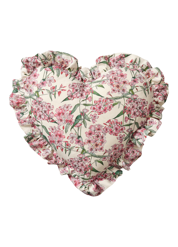 Pink Phlox Heart Cushion with Frill