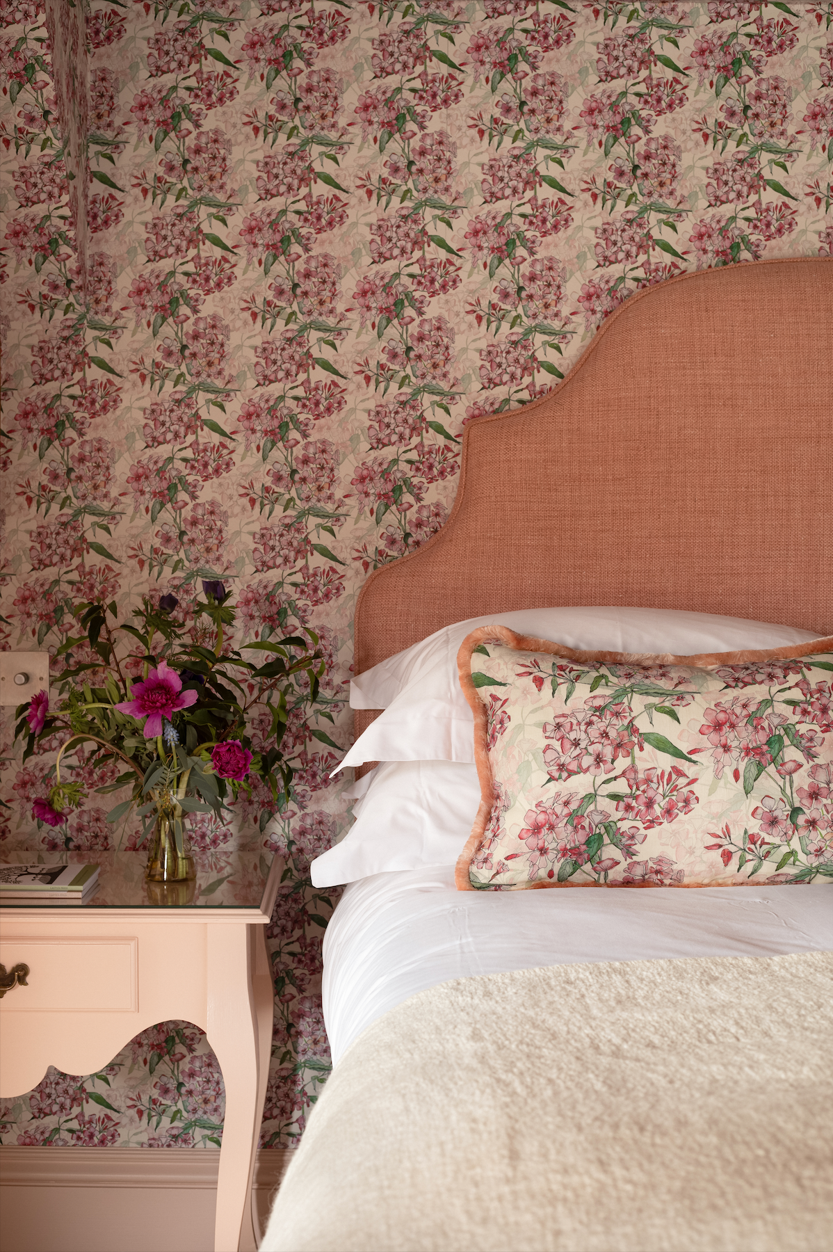 Pink Phlox Rectangle Cushion with Pink Silk Trim