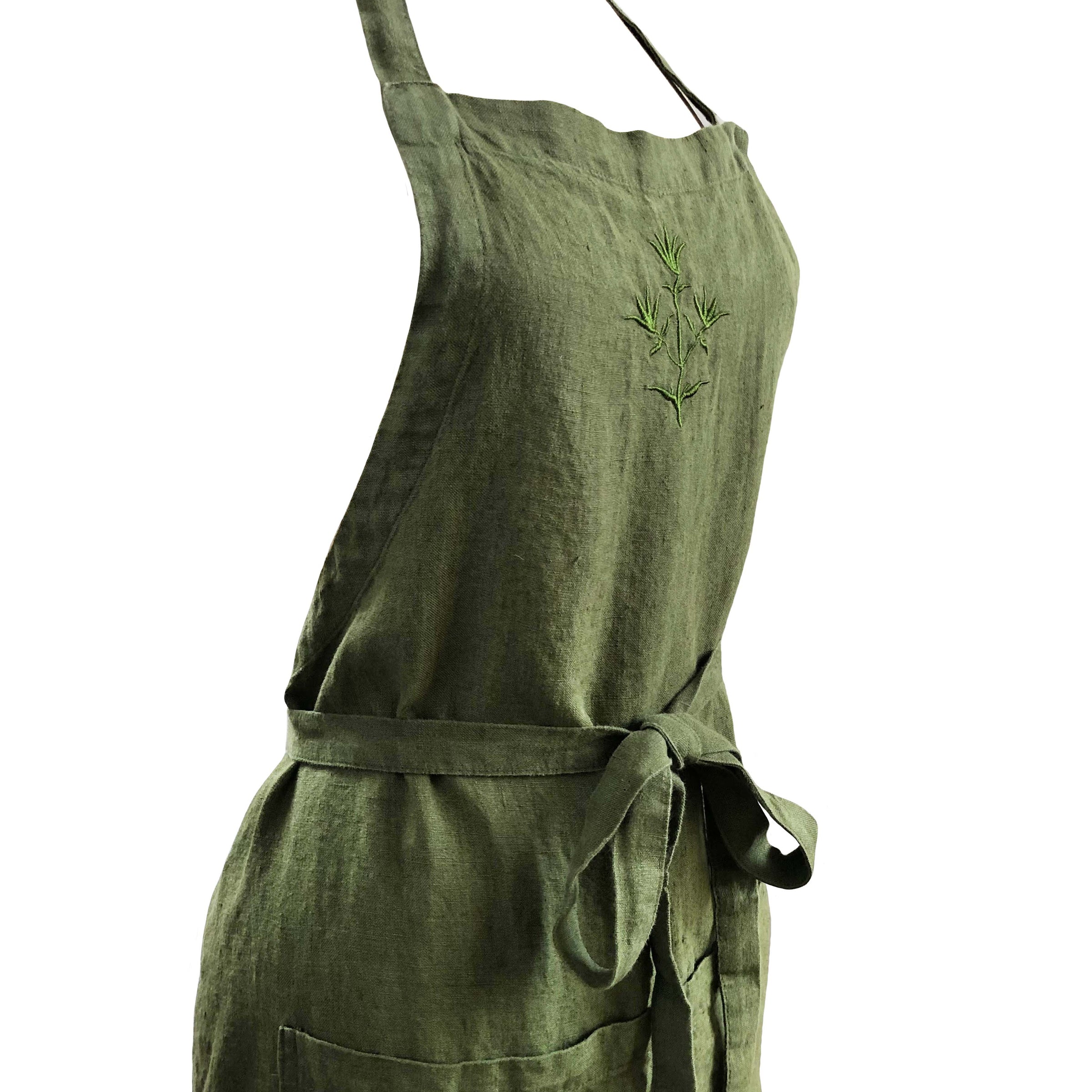Thyme Green Embroidered Linen Apron