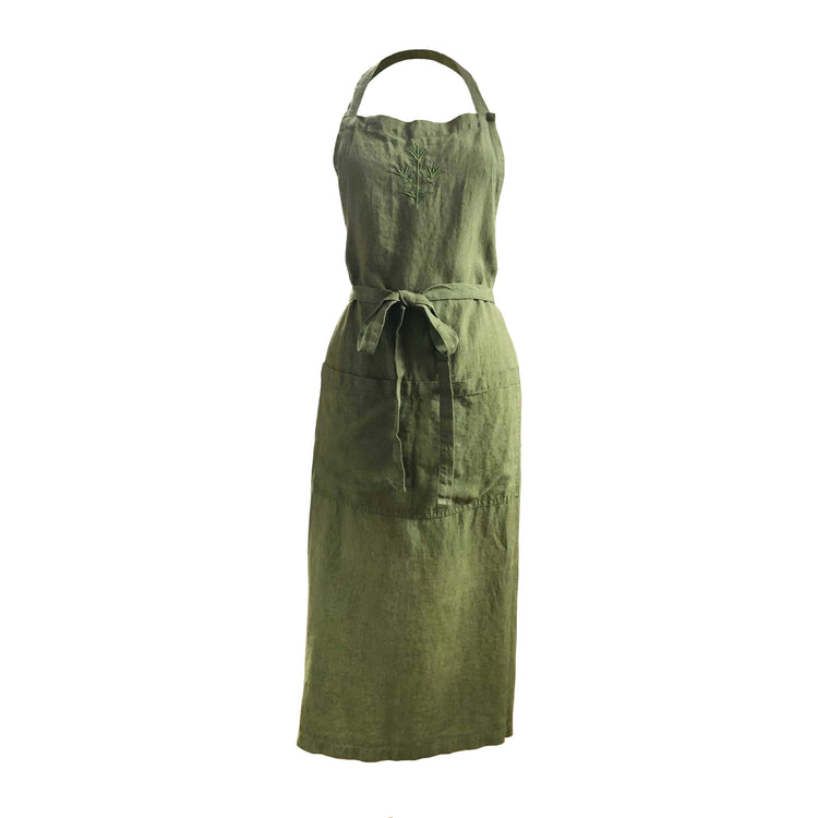 Thyme Green Embroidered Linen Apron